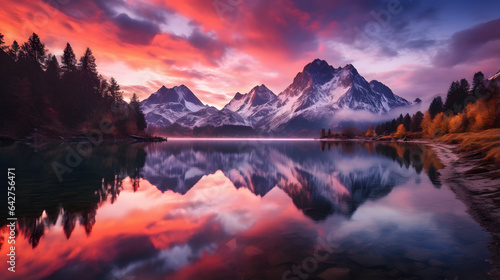 mountains are reflected in a lake at sunset with a colorful sky Generative AI © bipul