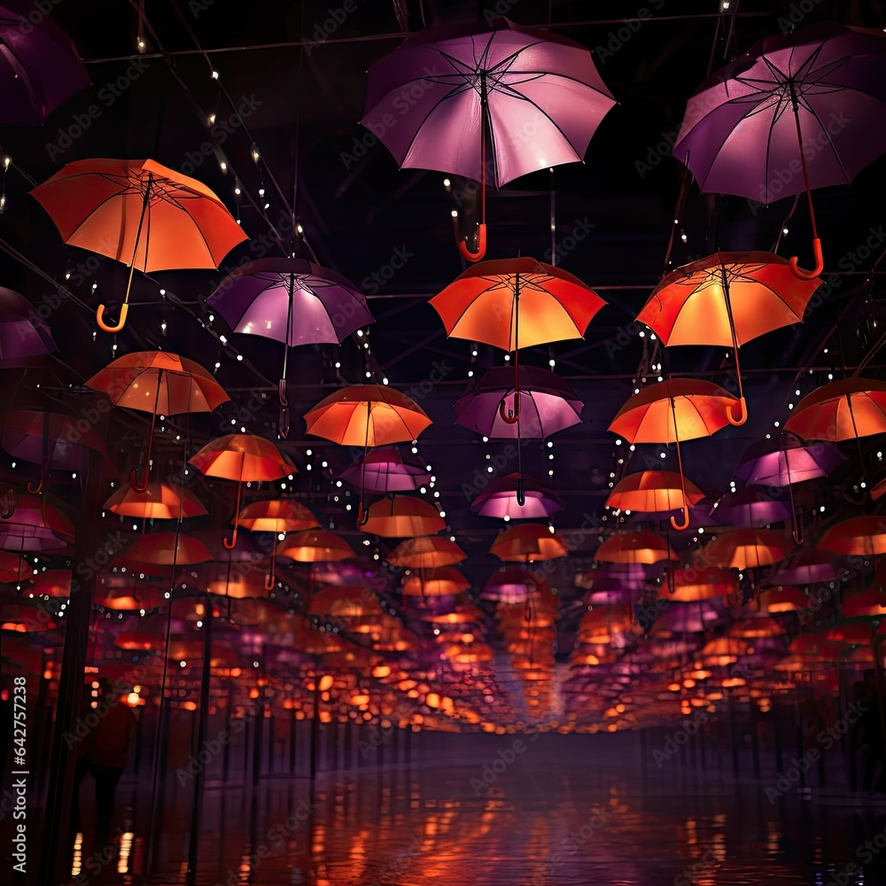 several umbrellas hanging from the ceiling in an open space with lights and reflections on the floor at night time