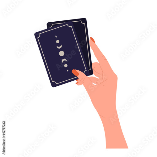 Hand holding tarot cards with boho moon. Female fortune teller predicting future. Magic and esoteric. Vector illustration in flat cartoon style.