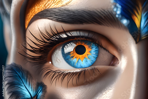 Macro close-up of an eye with long eyelashes. Generative Ai
