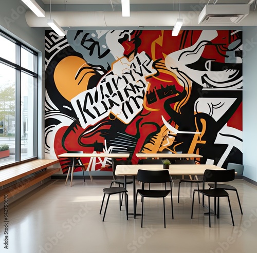 an office with large murals on the walls and tables in front of it, there is a wall mural that says