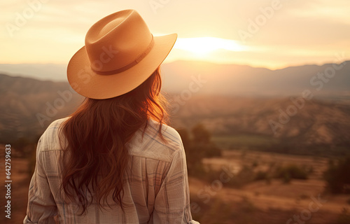 Travel woman stands outdoors looking at the sunset