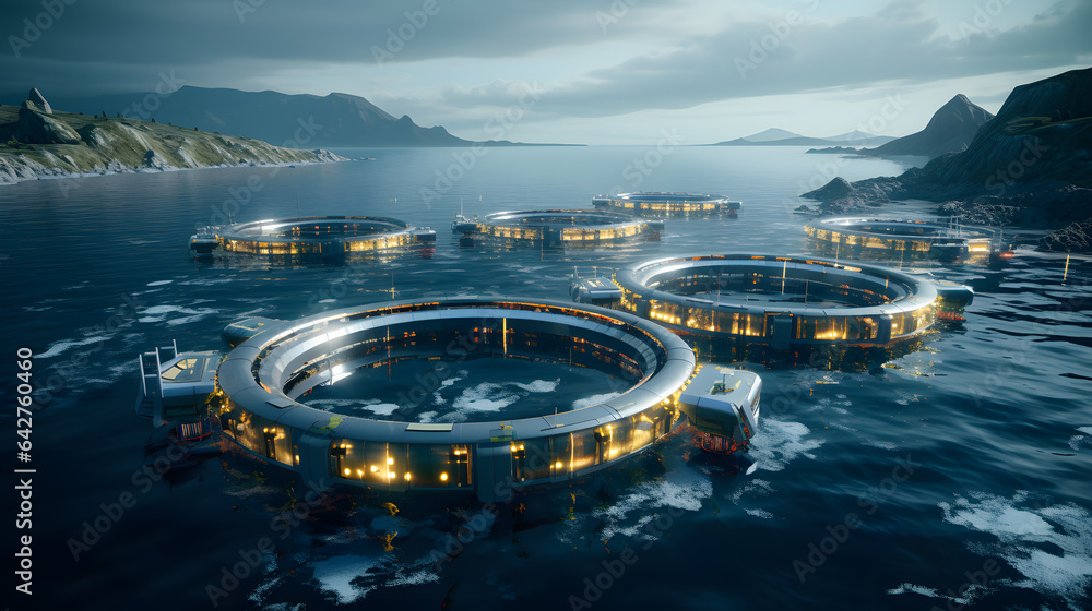 there are many floating fish cages in the water with lights on Generative AI - obrazy, fototapety, plakaty 