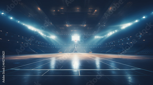 a dimly lit basketball court with a basketball hoop in the middle Generative AI