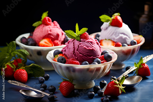 Raspberry ice cream in a colorful cup, appetizing, with delicious strawberries and blueberries.
