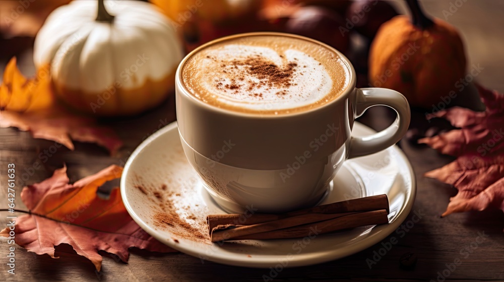 Obraz premium a cup of pumpkin spice latte on a wooden table with fall leaves and mini pumpkins in the background