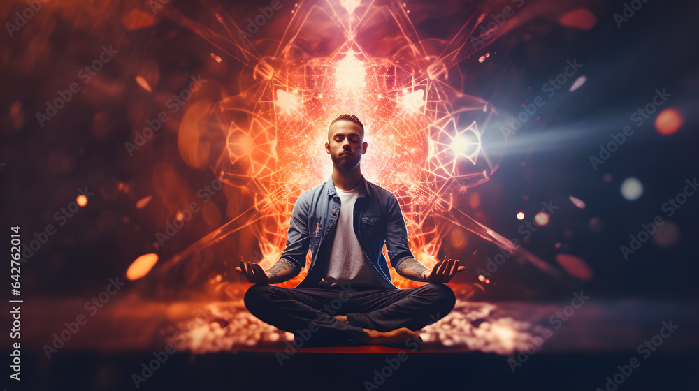 arafed man meditating in lotus position with glowing energy Generative AI