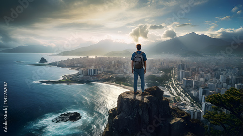 arafed man standing on a cliff overlooking a city and ocean Generative AI © Vinod