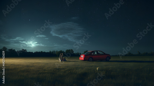 there is a red car parked in a field at night Generative AI