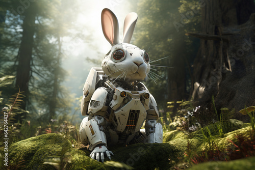 Image of rabbit electronic gundam robot technology in the forest. Wildlife Animals. Generative AI. Illustration.