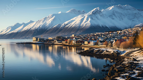Reykjavik city with midnight sun and mountains background photo