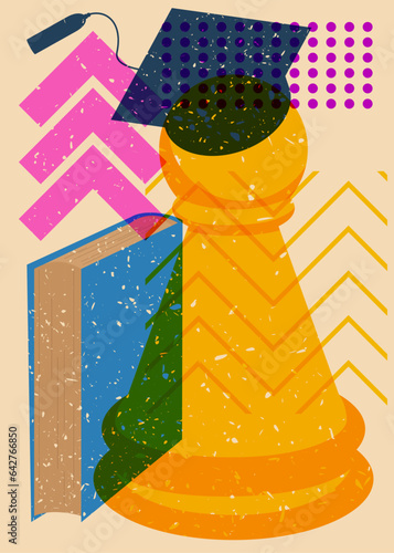 Risograph Back to School concept art with chess pawn, book, graduation cap and geometric shapes. Educational background in trendy riso graph design.
