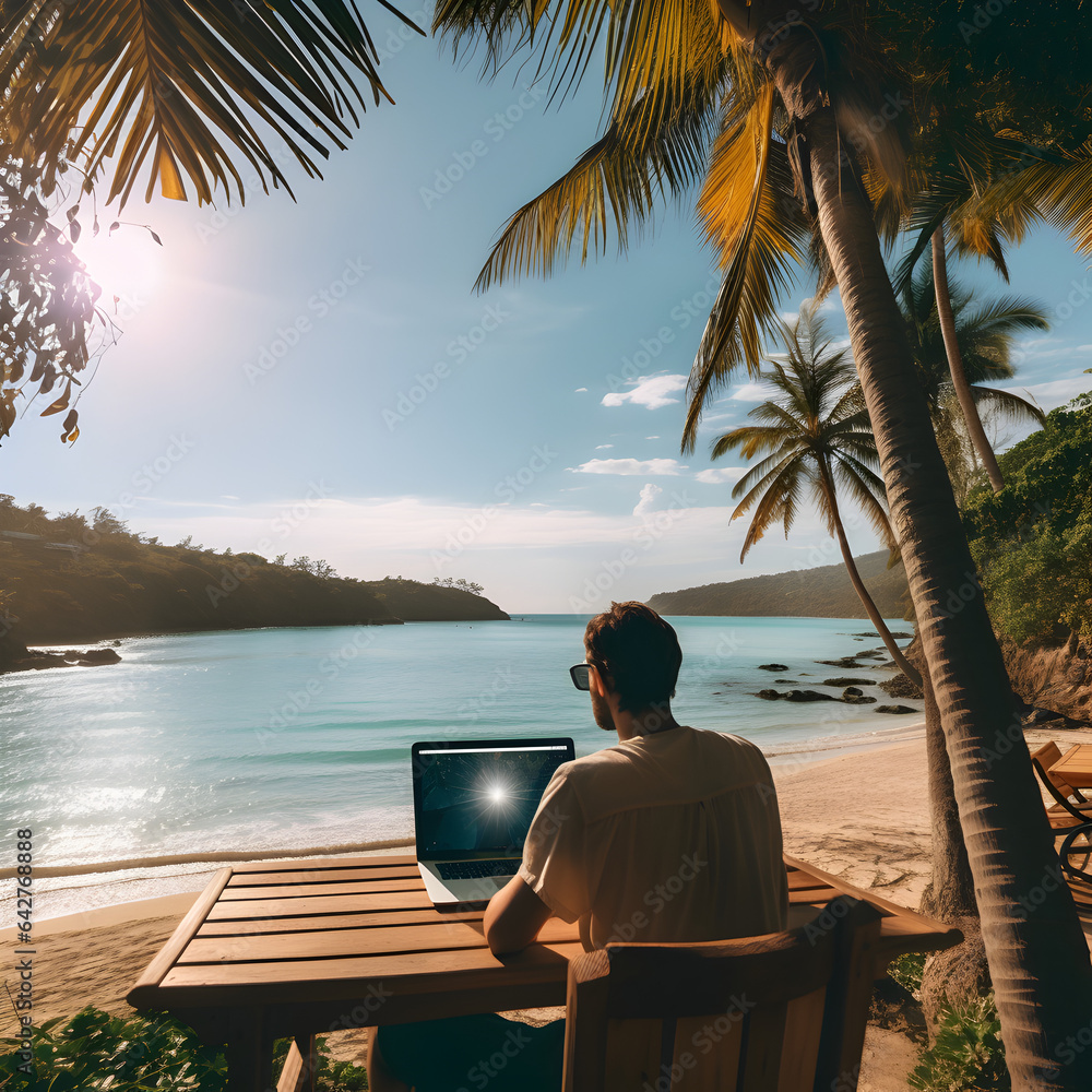 Man on a beach with his laptop on a wooden table with the ocean and palm trees in the background. Represents business and working while on vacation. Generative ai. 