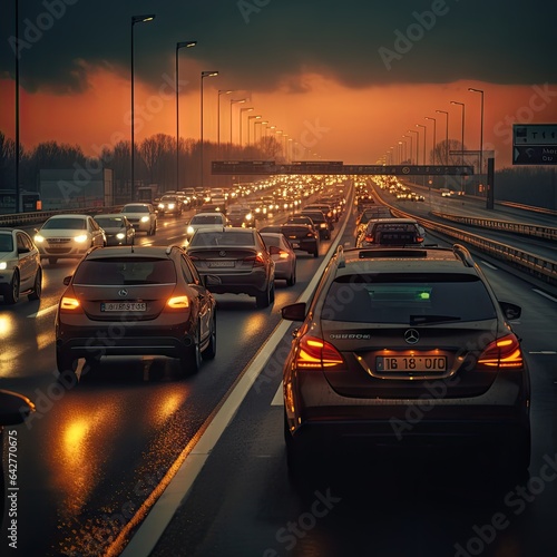 cars driving on the highway at night with fog rising in the sky and traffic lights shining down from the car's headlights