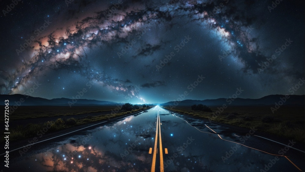 time lapse clouds over the highway at night with starrry view - obrazy, fototapety, plakaty 