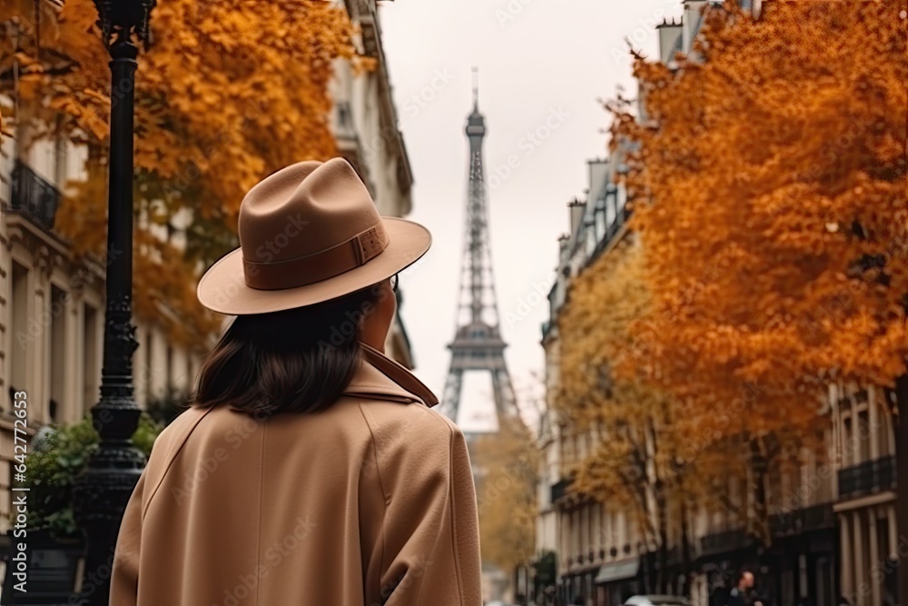 a woman walking down the street in paris, wearing a camel coat and wide brim hat with an eiff tower in the