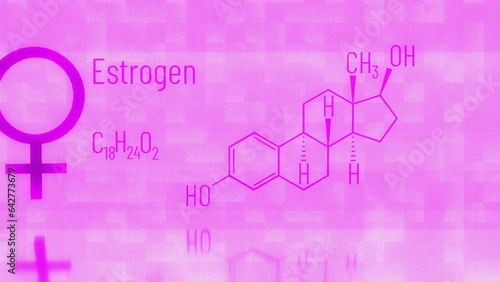 A pink holographic image of the formula and the word Estrogen. photo
