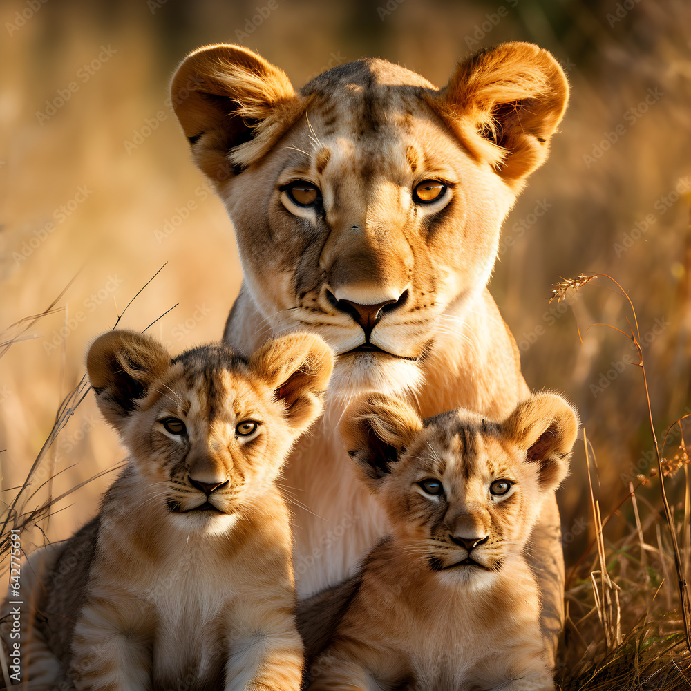 A mother lioness with her two lion cubs. A concept of animals and nature in Africa. Generative ai. A mother lioness with her two lion cubs. A concept of animals and nature in Africa. Generative ai.