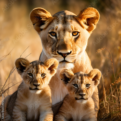 A mother lioness with her two lion cubs. A concept of animals and nature in Africa. Generative ai. 
