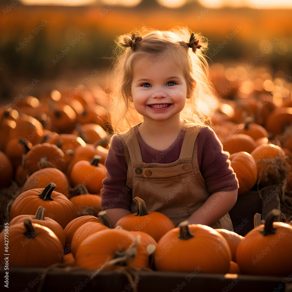 Little girl smiling in a pumpkin patch. A fall and Halloween concept depicting family fun during the fall season. Generative ai. Little girl smiling in a pumpkin patch. A fall and Halloween concept depicting family fun during the fall season. Generative ai.