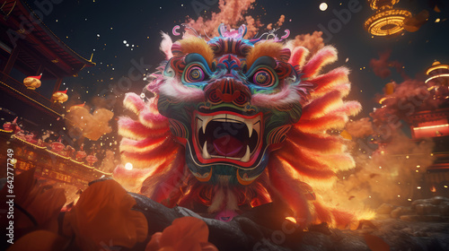 Chinese lion dance, Lunar new year celebration, colorful lion costumes, Chinese New Year. Generative AI