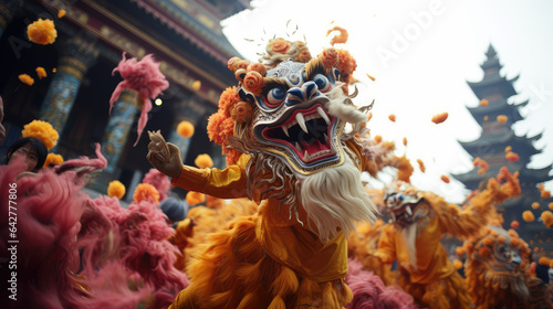 Chinese lion dance, Lunar new year celebration, colorful lion costumes performing the traditional Lion Dance during Chinese New Year. Generative AI