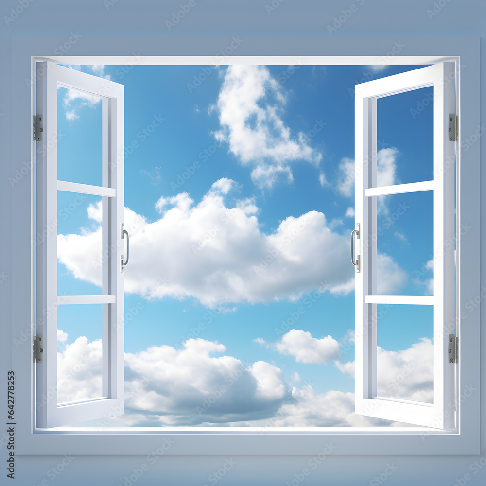 An open window with blue sky and clouds in the background. A concept of freedom and new beginnings. Generative ai. An open window with blue sky and clouds in the background. A concept of freedom and new beginnings. Generative ai.