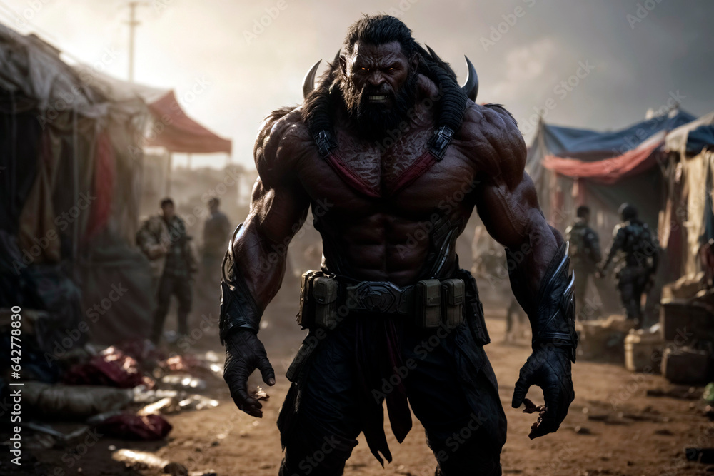 Big brown human-like monster walks through the slums. Superheroes opponent