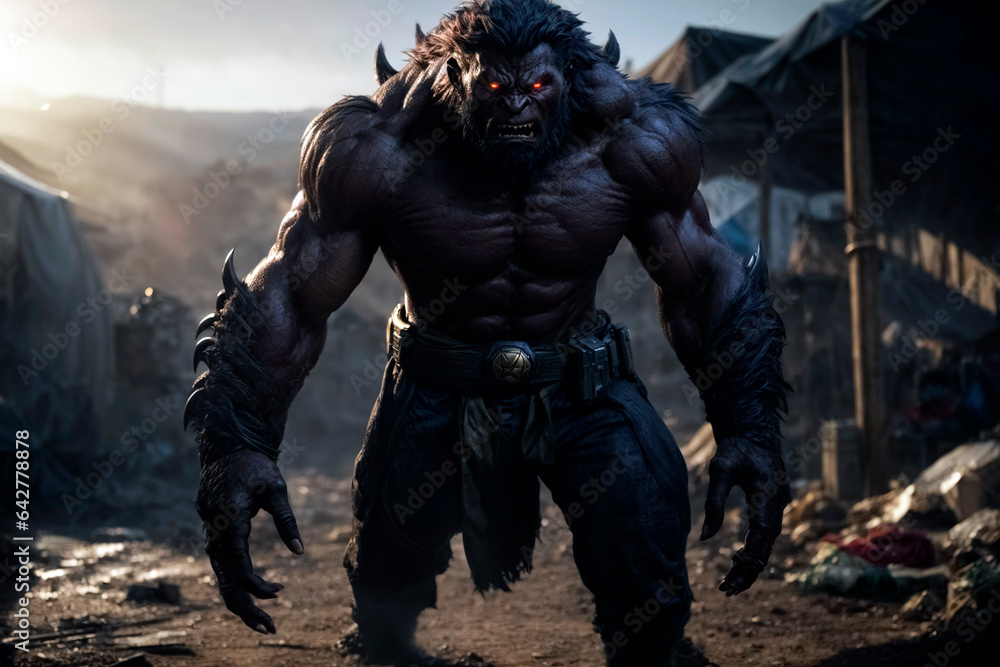 Big brown human-like monster walks through the slums. Superheroes opponent Big brown human-like monster walks through the slums. Superheroes opponent
