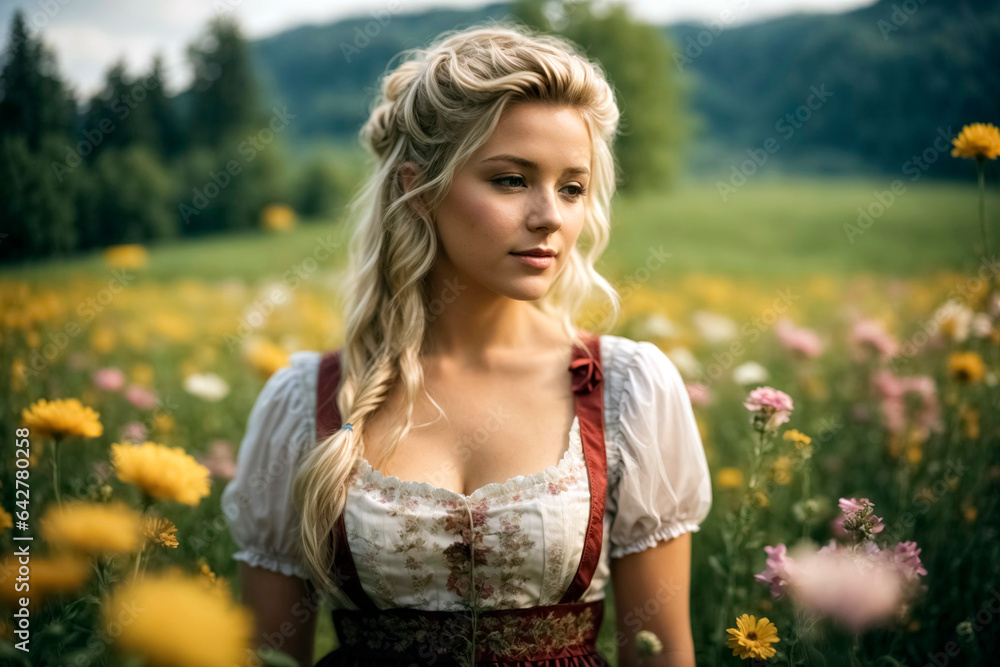 Beautiful young blond woman in bavarian dirndl standing on flower meadow closeup Beautiful young blond woman in bavarian dirndl standing on flower meadow closeup