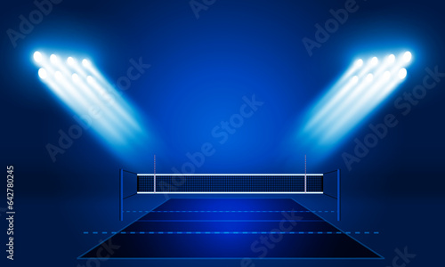 Volleyball court arena field with bright stadium lights design. Vector illumination