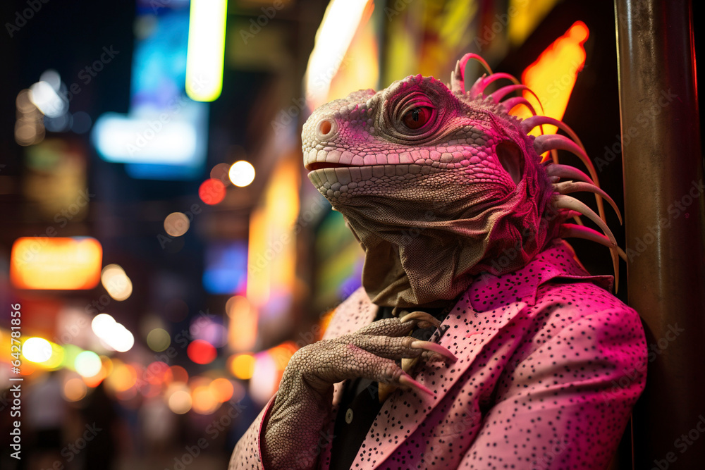 Male human iguana hybrid standing in alley under fluorescent light. Male human iguana hybrid standing in alley under fluorescent light.
