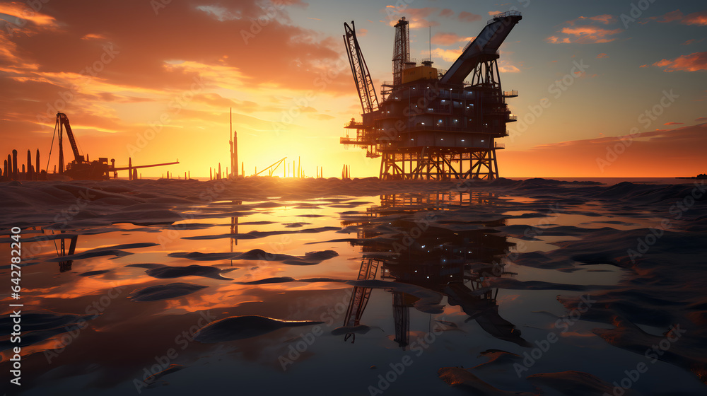 arafed oil rig in the middle of the ocean at sunset Generative AI