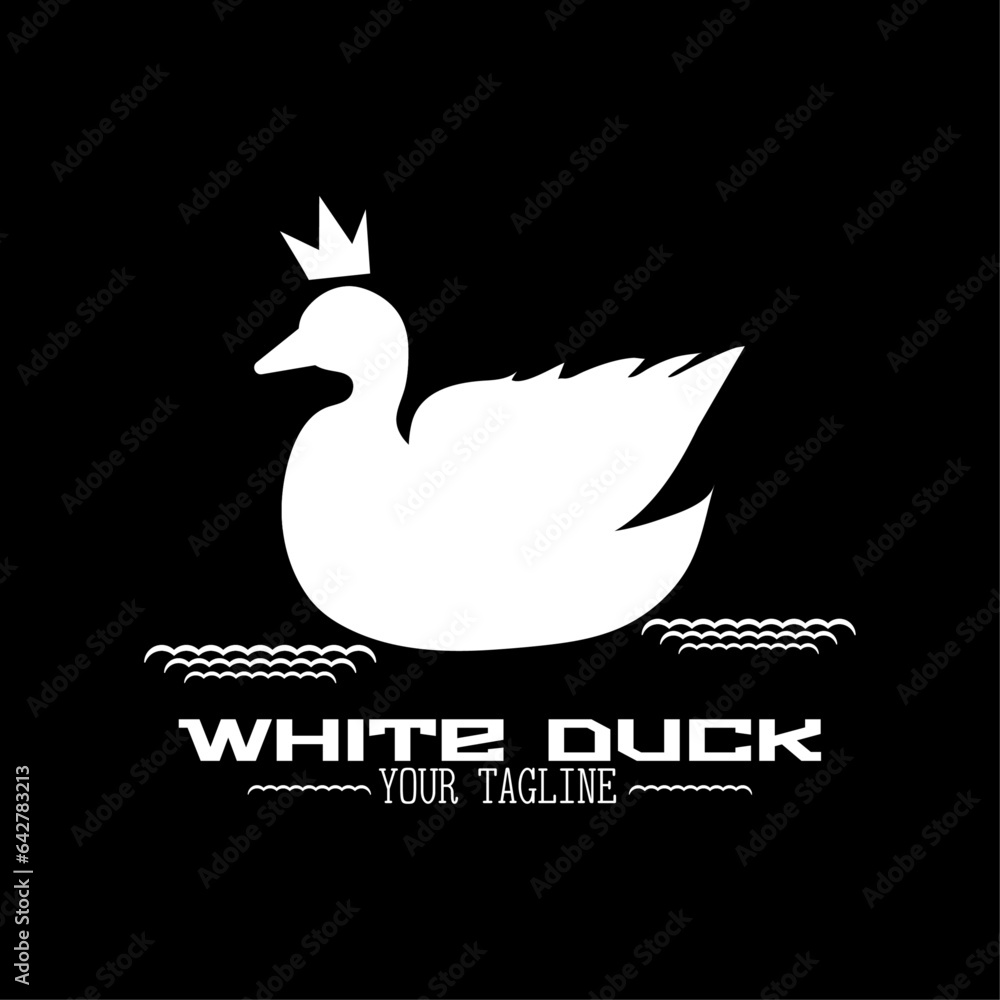 Fototapeta premium White duck in a crown with waves logo with text on black background