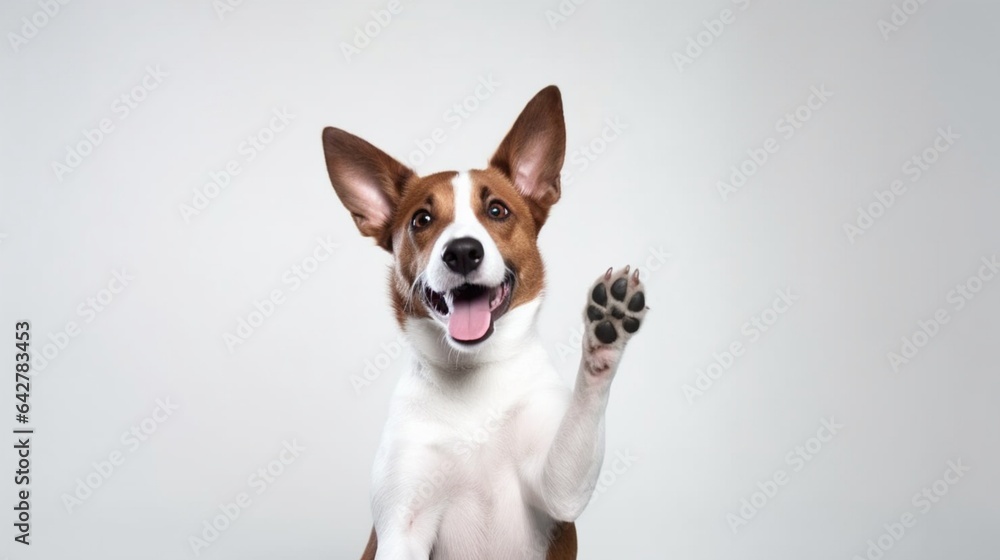 Charming Basenji Canine: Brown and White, Wearing a Delightful Smile, Offering a High Five Against a White Background