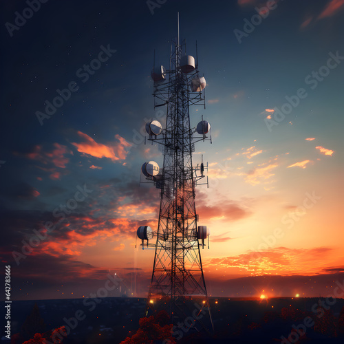 Telecommunications tower with antennas. A cell phone and communications tower. Represents communication and technology. Generative ai. 