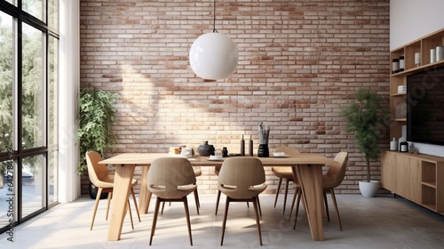Modern dining set placed in Scandinavian style living room, bricks wall
