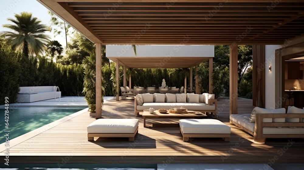 Sleek poolside area in a contemporary outdoor space. Contemporary residence