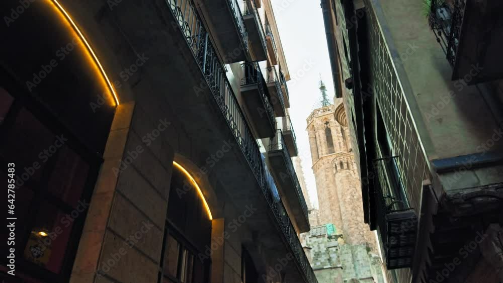 Beautiful balconies and architecture in the Gothic Quarter Barcelona Spain. Beautiful streets with buildings in Catalonia Europe