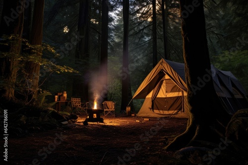 Camping atmosphere in the forest with quiet and shady nature with a campfire and sunlight shining through the trees. Generative ai