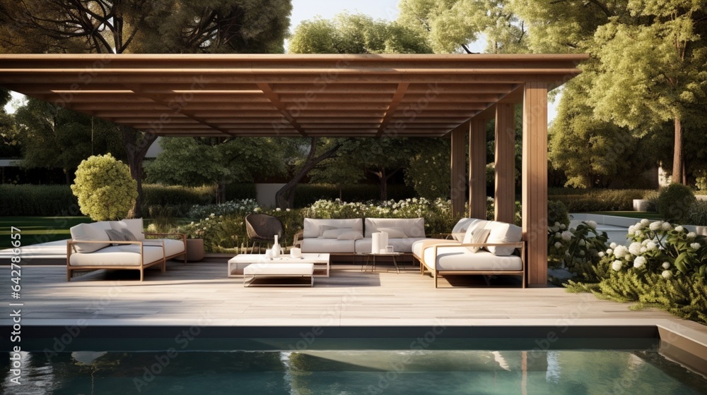 A chic outdoor patio featuring a refreshing pool. Contemporary dwelling