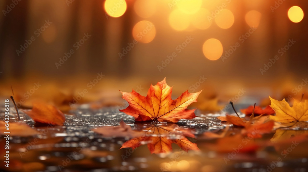 Red maple leaf and reflection on the water surface in the park in october, tranquil and beautiful forest in fall season, autumn nature background with copy space.