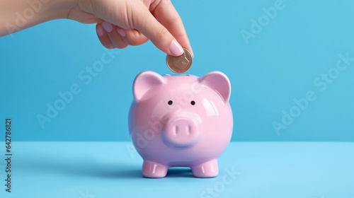 Save money for future concept. Woman hand insert coin into pink piggy bank, minimal style on blue background with copy space.