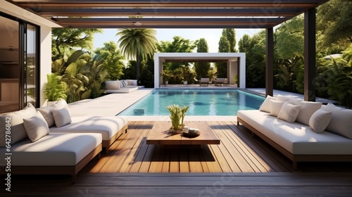 A contemporary outdoor lounge with a stunning pool. Stylish home