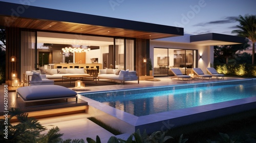 A contemporary outdoor lounge with a stunning pool. Stylish home