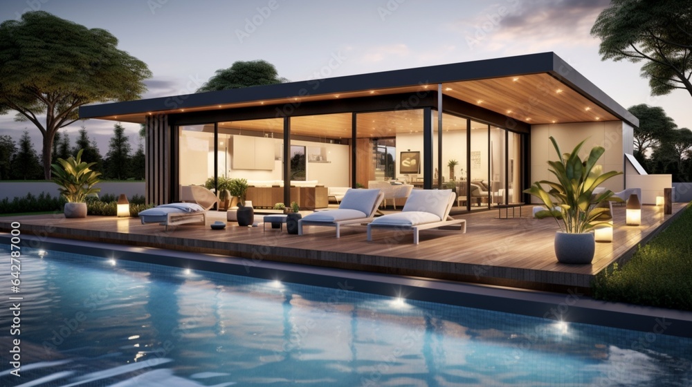 A contemporary poolside haven in a modern outdoor space. Stylish dwelling