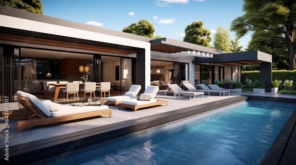 A contemporary poolside haven in a modern outdoor space. Stylish dwelling
