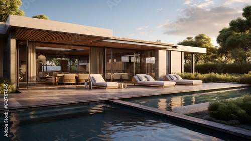 A contemporary poolside oasis in an outdoor area. Modern dwelling © DESIRED_PIC