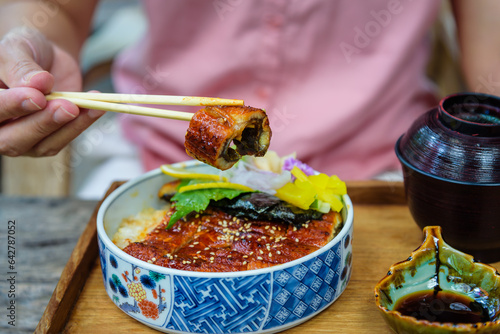 Unagi don, Japanese eel grilled with rice Japanese food. photo