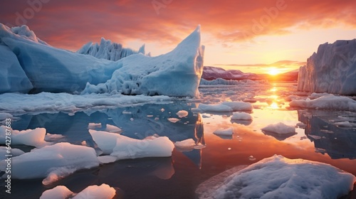 a picture of a glacier at sunrise, with the first rays of sunlight casting a warm glow on the icy surface